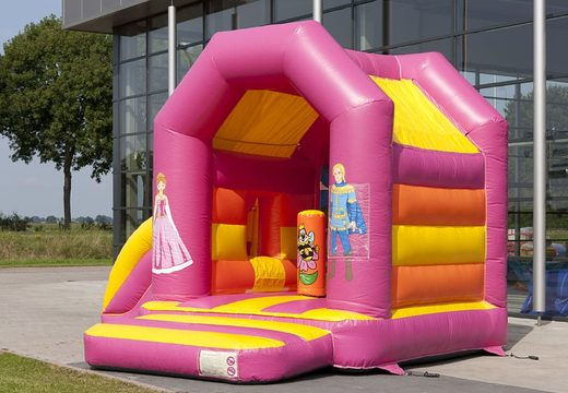 Midi multifun inflatable roofed bouncer in princess theme and in a color combination of pink orange and yellow for sale. Order bouncers at JB Inflatables America online