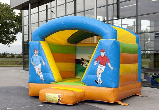 Small roofed inflatable bounce house in soccer theme for kids to buy. Bounce houses available at JB Inflatables America online