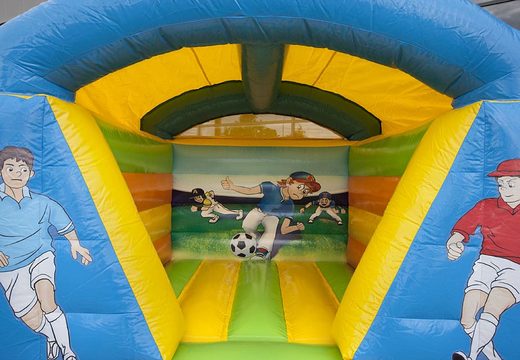 Small inflatable bouncy castle in soccer theme with roof for sale. Bouncy castles are available at JB Inflatables America online