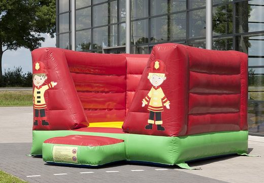 Order a small open bounce house in a mix of the colours red and yellow in fire department theme. Buy bounce houses at JB Inflatables America online 