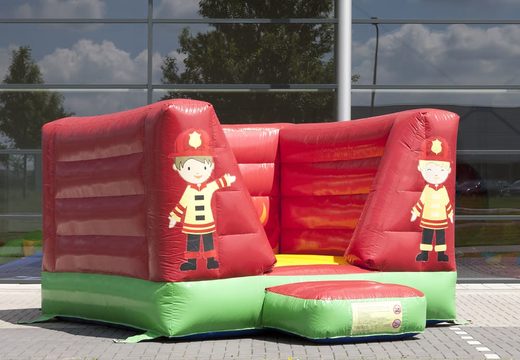 Buy a mini open bounce house in fire department theme in the colour red. Available at JB Inflatables America online