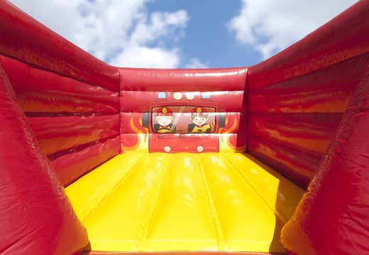 Small mostly red open inflatable bouncer in fire department theme for sale. Buy bouncers at JB Inflatables America online