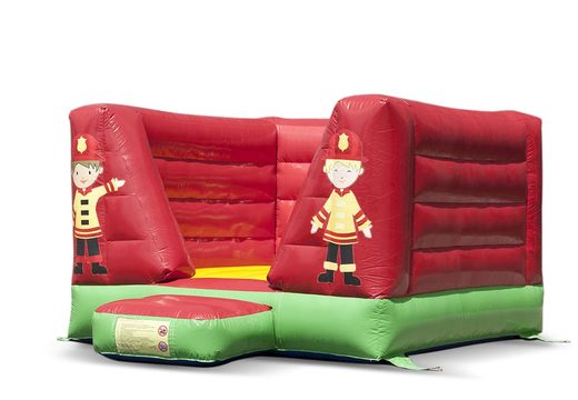 Small mostly red open bounce house in fire department theme for sale. Visit JB Inflatables America online
