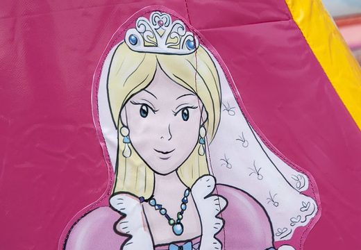 Small open pink with a mix of yellow bouncer for children for sale in princess theme. Buy bouncers online at JB Inflatables America