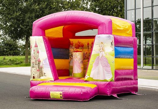 Small bounce house pink and yellow covered with princess for sale. Available at JB Inflatables America online