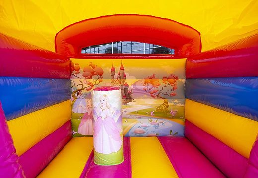 Small inflatable bounce house yellow and pink in princess fairytale theme to buy. Buy bounce houses at JB Inflatables America online