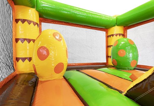Dinosaur-themed mini multiplay bouncy castle with slide for sale. Buy inflatable bouncy castles with slide for kids online at JB Inflatables America