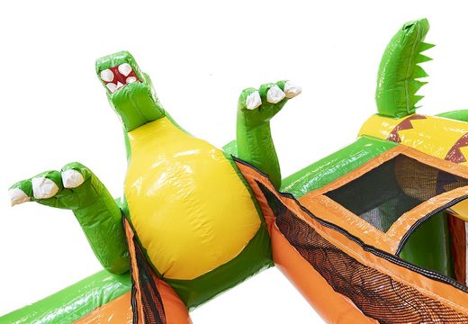 Dinosaur-themed mini multiplay bouncer with slide for sale. Buy inflatable bouncers with slide for kids online at JB Inflatables America