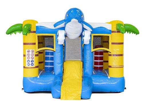 Mini multiplay dolphin-themed inflatable bounce house with slide to buy for kids in blue color. Order inflatable bounce houses online at JB Inflatables America