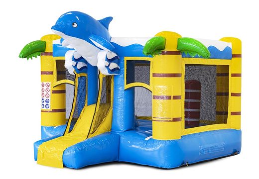 Order mini multiplay inflatable bounce house in blue dolphin theme with slide for children. Inflatable bounce houses for sale at JB Inflatables America