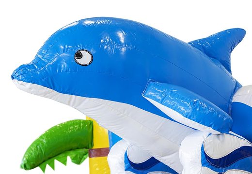 Buy mini multiplay inflatable bounce house in blue dolphin theme with slide for children. Inflatable bounce houses for sale at JB Inflatables America