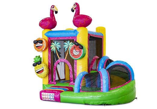 Buy a small indoor inflatable multiplay bounce house in the theme flamingo with slide for children. Order inflatable bounce houses online at JB Inflatables America