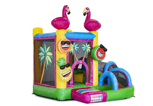 Mini inflatable multiplay bounce house in flamingo theme for children. Order inflatable bounce houses online at JB Inflatables America