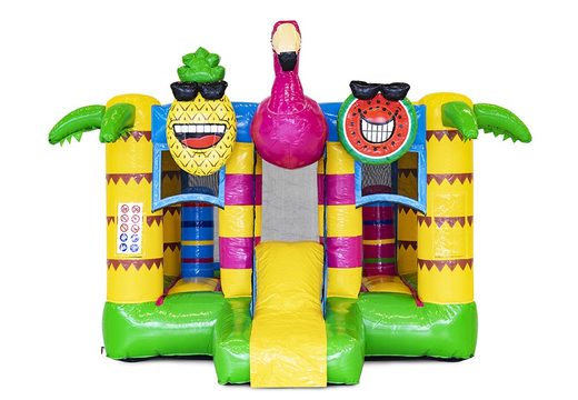 Mini multiplay inflatable bounce house in flamingo theme with slide for sale at JB Inflatables. Order mini inflatable bounce houses with slide for children now