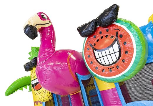 Order mini multiplay inflatable bouncer in flamingo theme with slide for children. Inflatable bouncers with slide to buy online at JB Inflatables America
