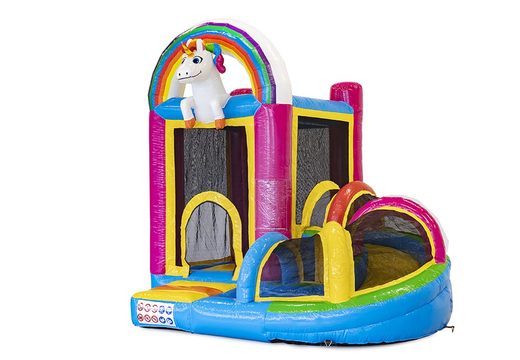 Buy a small indoor inflatable multiplay bouncy castle in the theme unicorn with slide for children. Order inflatable bouncy castles online at JB Inflatables America