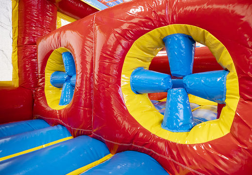 Order an obstacle course 13.5 meters long in a themed rollercoaster with appropriate 3D objects for kids. Buy inflatable obstacle courses online now at JB Inflatables America