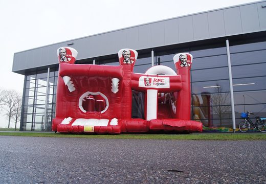 Buy custom KFC Multiplay bounce houses online at JB Promotions America. Request a free design for inflatable bounce houses in your own corporate identity at JB Inflatables America