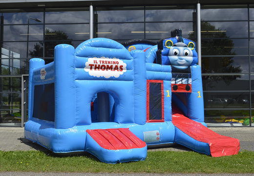Personalized Thomas the train Multiplay bounce houses ideal for various events for sale. Buy custom inflatable promotional bouncers online from JB Inflatables America now