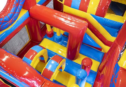 Medium inflatable multiplay bouncer in rollercoaster theme with slide for children. Order inflatable bouncers online at JB Inflatables America