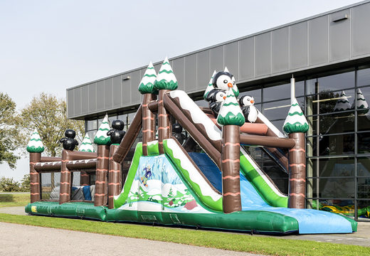 Winter run 17m obstacle course with 7 game elements and colorful objects for kids. Buy inflatable obstacle courses online now at JB Inflatables America