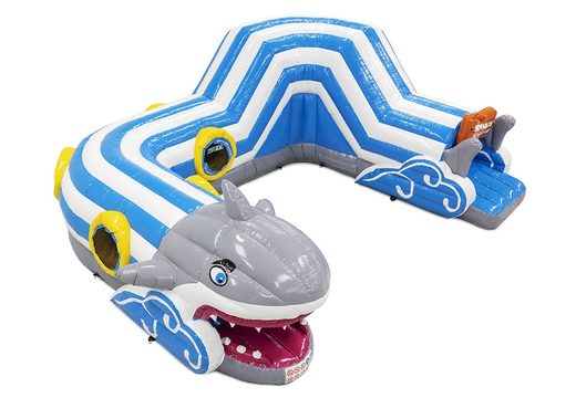 Order a crawl tunnel shark bounce house with obstacles, a climbing slope and a slide for kids. Buy inflatable bounce houses online at JB Inflatables America 