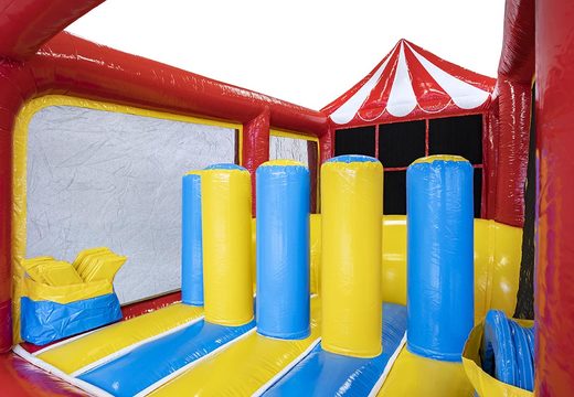 Order bounce house with obstacle course and tic tac toe game for children. Buy bounce houses online at JB Inflatables America