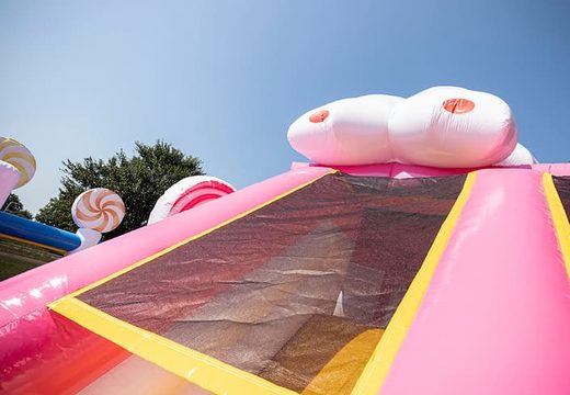 Candyworld bouncer with slides, obstacles with fun candy-themed prints for kids. Buy bouncers online at JB Inflatables America