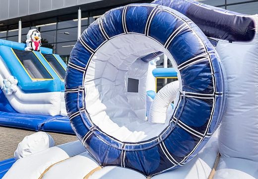 World Frozen bounce house with multiple slides and all kinds of obstacles with prints that match the theme for kids. Buy bounce houses online at JB Inflatables America