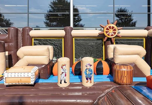 Buy Bounce World pirate bouncer with slides and all kinds of obstacles with pirate prints for kids. Order bouncers online at JB Inflatables America