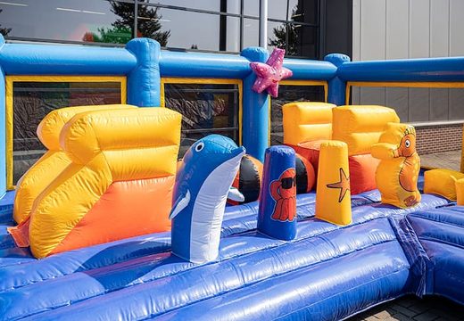 Buy a large seaworld themed inflatable bouncer with multiple slides and all sorts of fun obstacles with themed prints for kids. Order bouncers online at JB Inflatables America