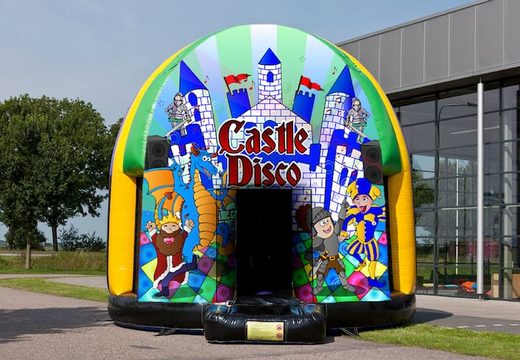 Disco multi-themed 5.5m bouncer for sale in Castle theme for kids. Buy inflatable bouncers online at JB Inflatables America