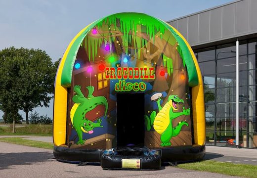 Buy now disco multi-themed 5.5 meter Crocodile themed bounce house for kids. Order bounce houses now online at JB Inflatables America
