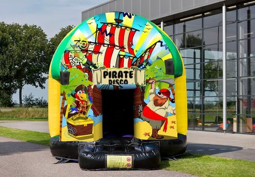 For sale disco multi-themed 5.5m bounce house in Pirate theme for children.Order inflatable bounce houses at JB Inflatables America