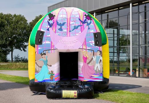 Disco multi-themed 5.5 meter bounce house for sale in Princess theme for kids. Order inflatable bounce houses online at JB Inflatables America