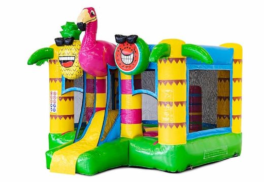 Mini multiplay inflatable flamingo-themed bounce house with slide to buy for children. Purchase inflatable bounce houses online at JB Inflatables America