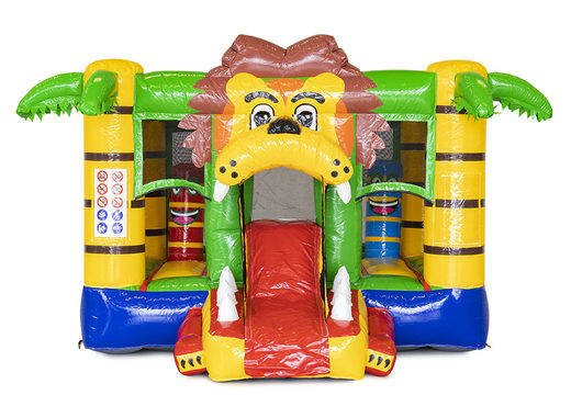 Lion-themed mini inflatable bounce house with slide for sale for kids. Order inflatable bounce houses online at JB Inflatables America