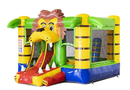 Buy mini inflatable bounce house with slide in lion theme for kids. Order inflatable bounce houses with slide at JB Inflatables America