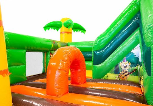 Funcity Jungle bounce house with a slide on the inside, the 3D object on the jumping surface and fun jungle design for kids. Order bounce houses online at JB Inflatables America 