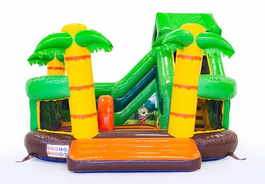 Funcity Jungle bounce house with a slide on the inside, the 3D object on the jumping surface and fun jungle design for children. Buy bounce houses online at JB Inflatables America 