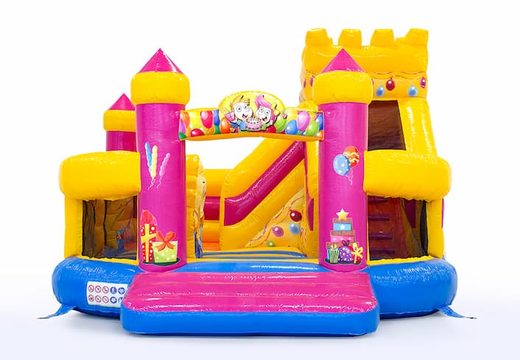 Funcity party bounce house with a slide on the inside, the 3D object on the jumping surface and fun party design for children. Buy bounce houses online at JB Inflatables America 