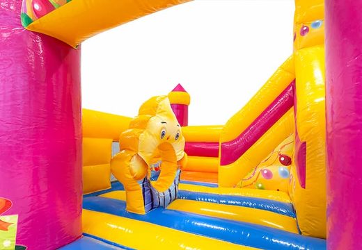 Funcity party bounce house with a slide on the inside, the 3D object on the jumping surface and fun party design for kids. Order bounce houses online at JB Inflatables America 