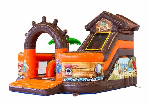 Large inflatable open multiplay bounce house with slide for sale in funcity pirate theme for kids. Order bounce houses online at JB Inflatables America 