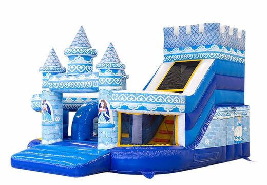 Buy large inflatable open blue multiplay bouncy castle with slide in theme funcity princess for children. Order bouncy castles online at JB Inflatables America 