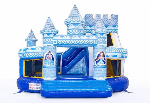 Buy a blue multifunctional Funcity princess bounce house with a slide for children. Order bounce houses online at JB Inflatables America 
