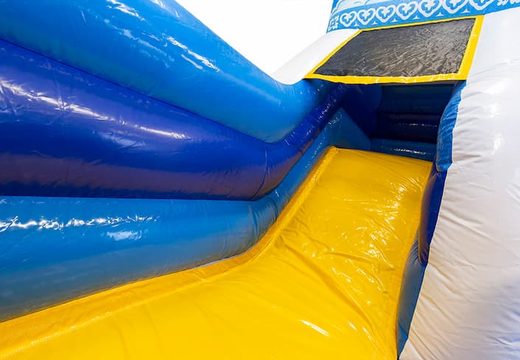 Blue princess themed bounce house with a slide, buy the 3D object on the jumping surface and a fun pirate design for children. Buy bounce houses online at JB Inflatables America 