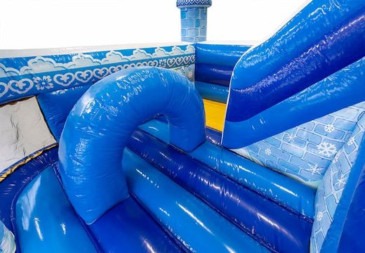 Funcity princess bouncer in blue with a slide on the inside, the 3D object on the jumping surface and fun princess design for children. Buy bouncers online at JB Inflatables America 