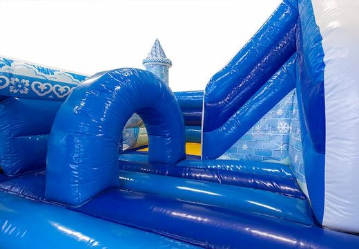 Blue funcity princess bouncer with a slide on the inside, the 3D object on the jumping surface and fun princess design for kids. Order bouncers online at JB Inflatables America 