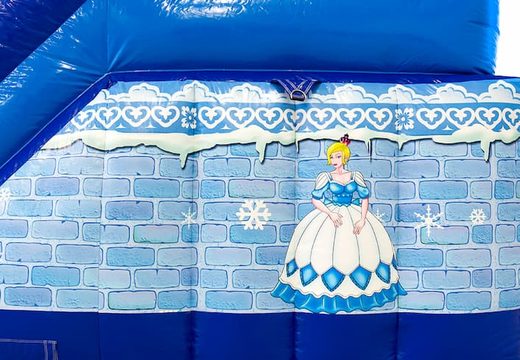 Multifunctional Funcity princess bounce house in blue with a slide, the 3D object on the jumping surface and fun pirate design for children. Buy bounce houses online at JB Inflatables America 