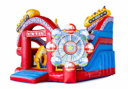 Buy large inflatable open multiplay bouncy castle with slide in theme roller coaster rollercoaster for children. Order bouncy castles online at JB Inflatables America 